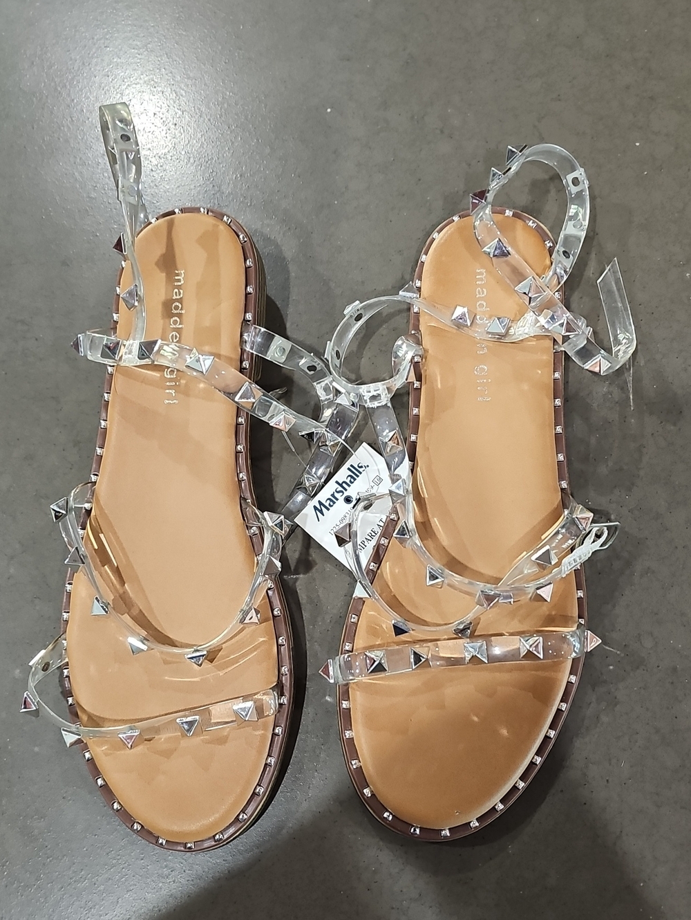 Madden Girl Clear Pyramid-Stud Sandals with Tan Footbed